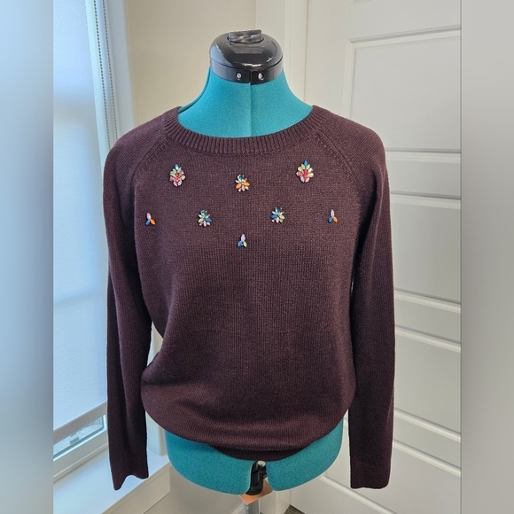 LOFT Sweaters - LOFT ANN TAYLOR PLUM PURPLE BEJEWELED SWEATER LONG SLEEVE WOMEN MEDIUM SPARKLE